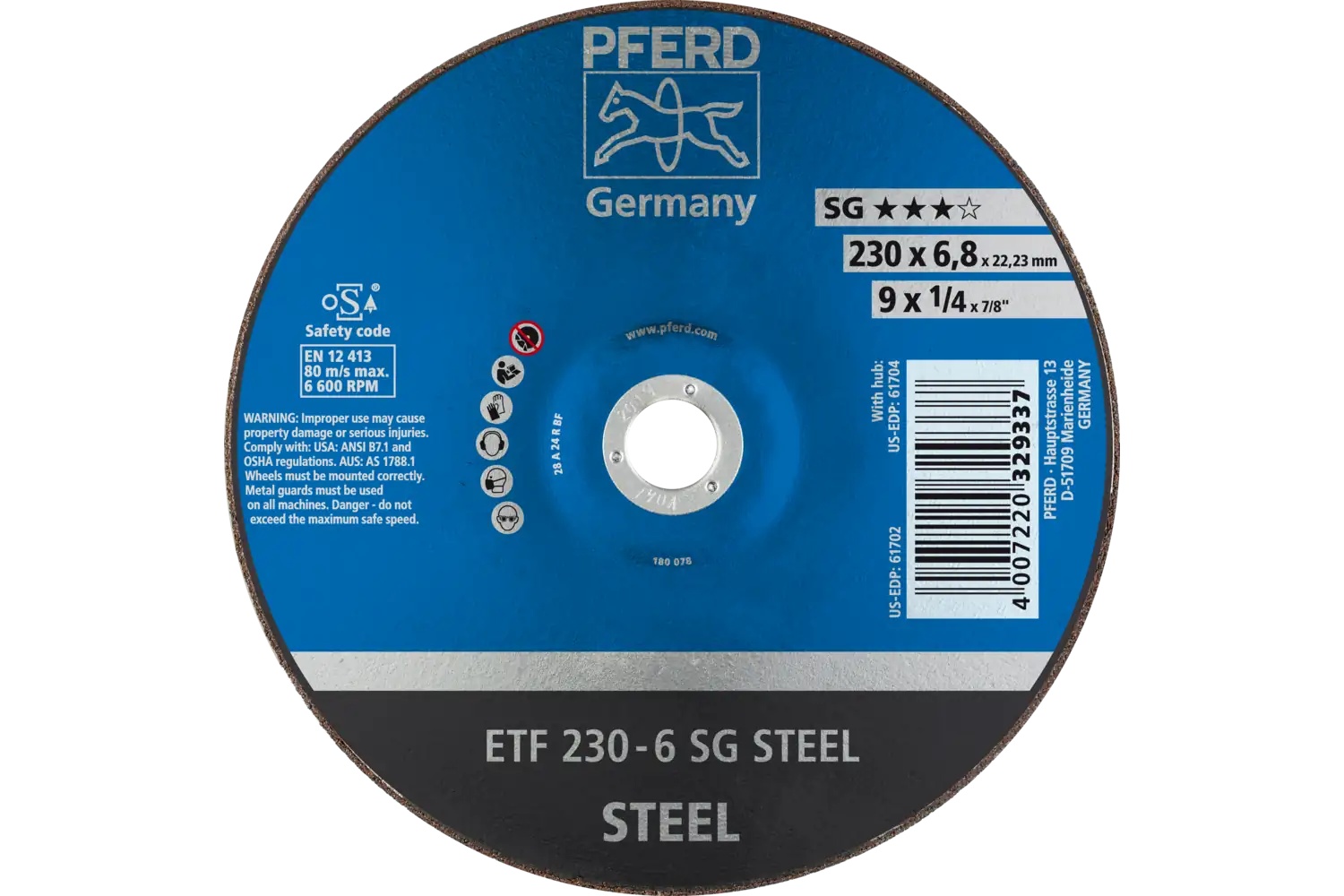 Picture of Pferd Grinding Wheel, 9" X 1/4 X 7/8, Sg Steel, T28, Aluminum Oxide